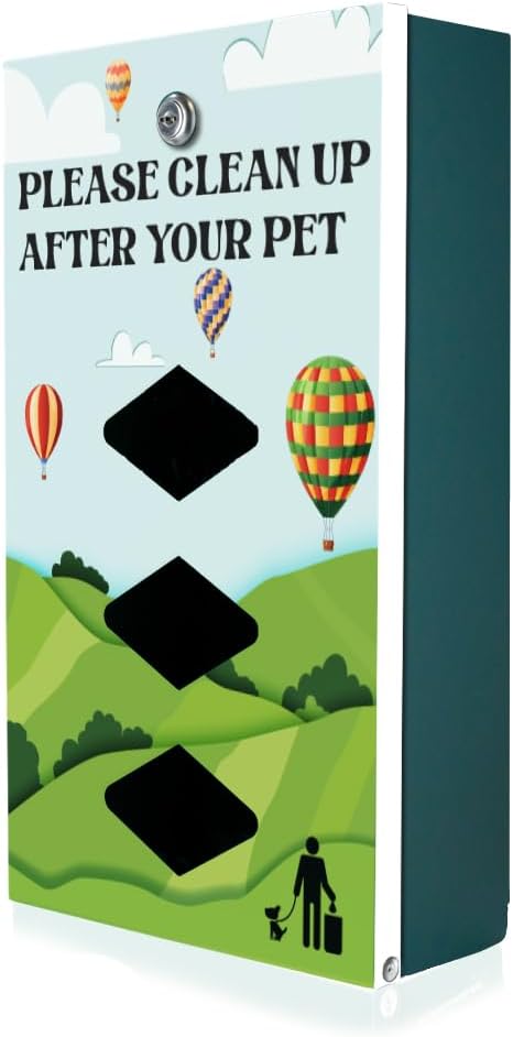 DISPENSE-ART™ collection "Hot Air Balloon" - Custom UV printed design on rust-proof aluminum starter dog waste station/roll bag system - Includes 400 dog waste bags & 10x12 Sign