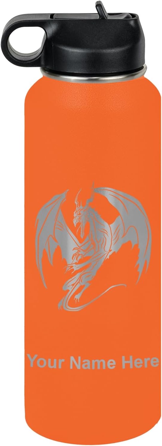 LaserGram Personalized Water Bottle, Dragon, Stainless Steel Double Wall Vacuum Insulated with Flip Top Straw, Custom Engraved Gift (40oz / 1180ml Orange)