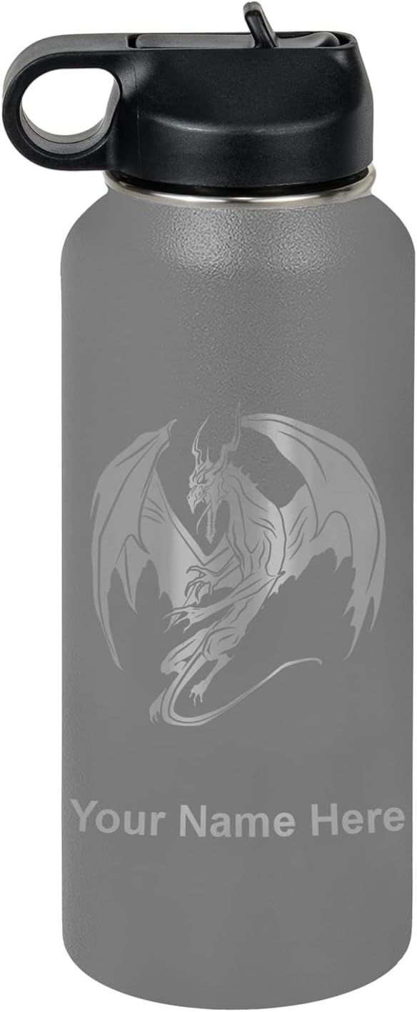 LaserGram Personalized Water Bottle, Dragon, Stainless Steel Double Wall Vacuum Insulated with Flip Top Straw, Custom Engraved Gift (32oz / 950ml Gray)