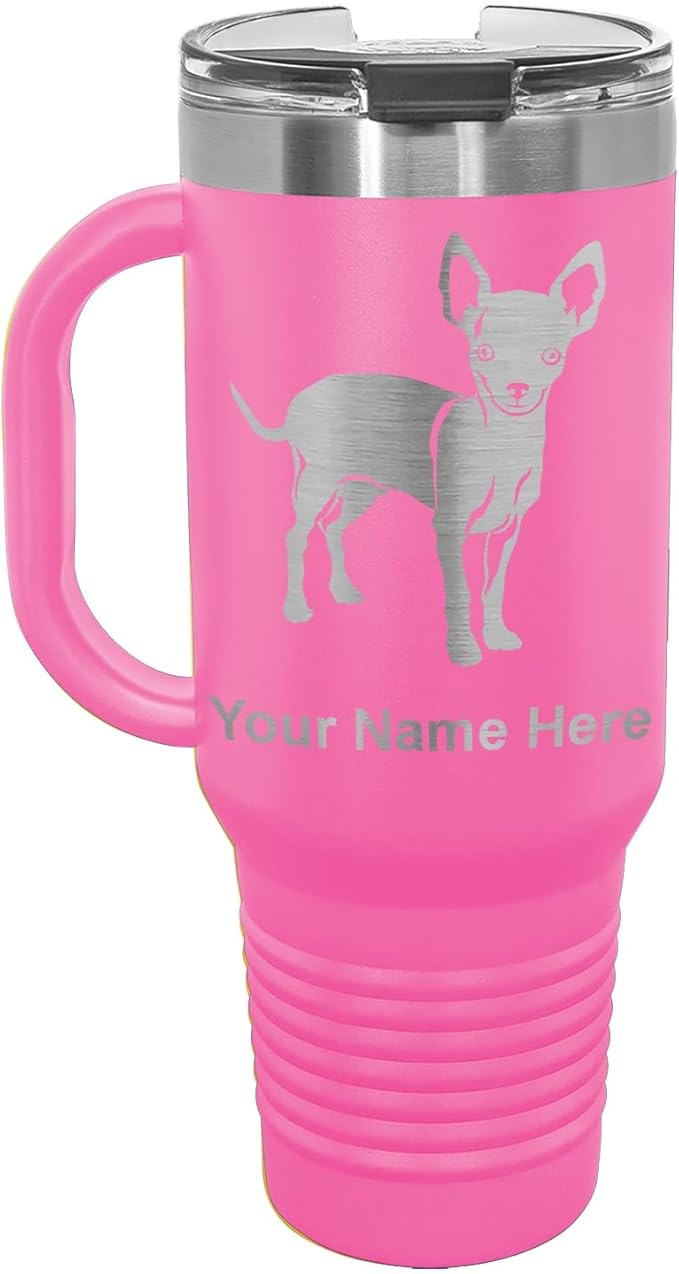 LaserGram 40oz Vacuum Insulated Travel Mug with Handle, Chihuahua Dog, Personalized Engraving Included (Pink)