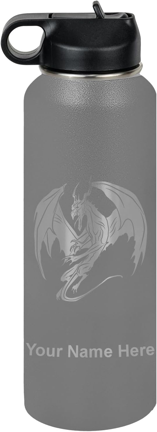 LaserGram Personalized Water Bottle, Dragon, Stainless Steel Double Wall Vacuum Insulated with Flip Top Straw, Custom Engraved Gift (40oz / 1180ml Gray)