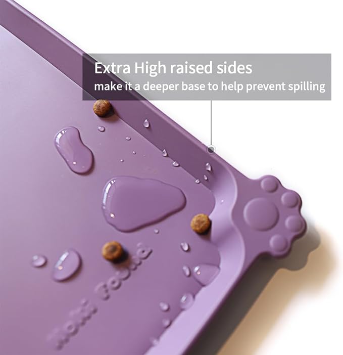 Hoki Found Large High-Sided Silicone Pet Food Tray - Non-Slip Bowls Placemat - Dog and Cat Feeding Mat - Waterproof - Amethyst
