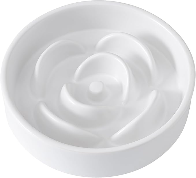 6'' Ceramic Slow Feeder Dog Bowls - Petal Shape Modern Dog Food Dish for Cats and Small Breed Dogs, Puzzle Maze Bowl to Slow Down Eating, Anti-Gulping, Dishwasher & Microwave Safe, White