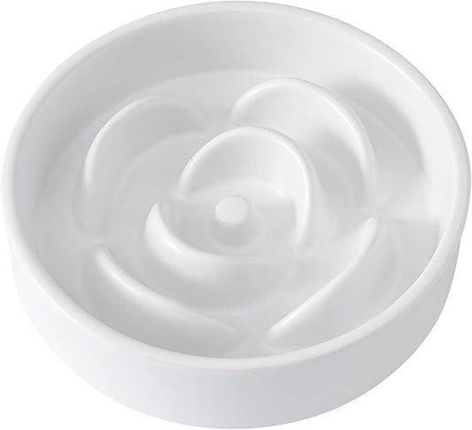 6'' Ceramic Slow Feeder Dog Bowls - Petal Shape Modern Dog Food Dish for Cats and Small Breed Dogs, Puzzle Maze Bowl to Slow Down Eating, Anti-Gulping, Dishwasher & Microwave Safe, White