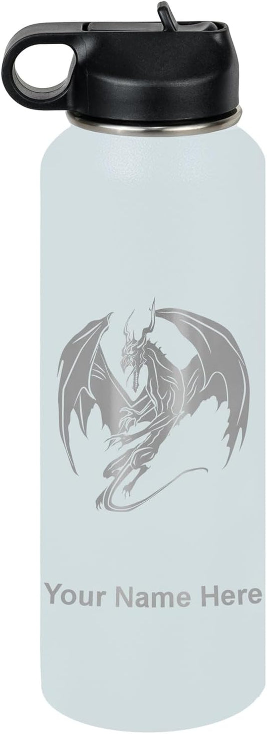 LaserGram Personalized Water Bottle, Dragon, Stainless Steel Double Wall Vacuum Insulated with Flip Top Straw, Custom Engraved Gift (40oz / 1180ml Light Blue)