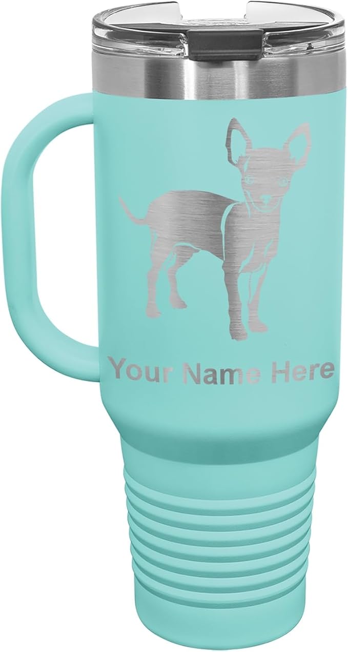 LaserGram 40oz Vacuum Insulated Travel Mug with Handle, Chihuahua Dog, Personalized Engraving Included (Teal)