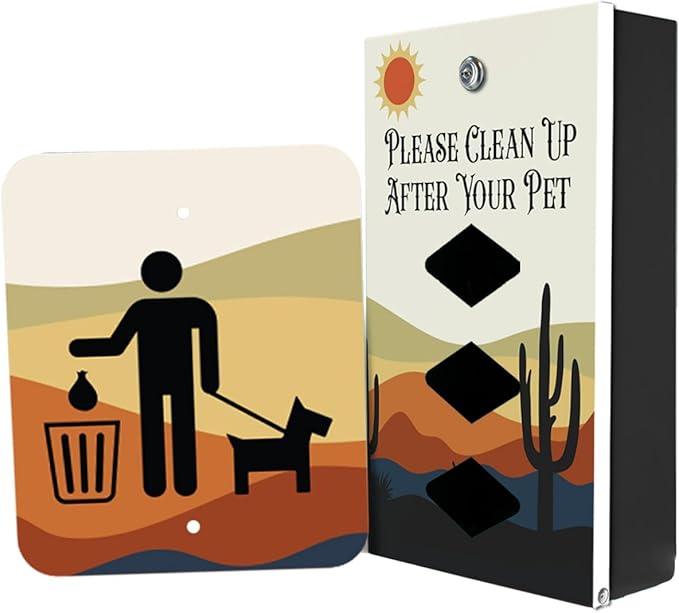 DISPENSE-ART™ collection "Desert Landscape" - Custom UV printed design on rust-proof aluminum starter dog waste station/roll bag system - Includes 400 dog waste bags & 10x12 Sign