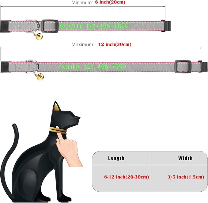 Cat Collar Personalized - Breakaway Reflective Cat Collar with Bell-Custom Cat Collars Embroidered with Name and Phone, Adjustable for Cats and Kitten