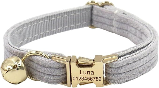 Cute Custom Cat Collar with Bells & Name Tag, Personalized Cat Collars for Girl & Boy Cats, Kitten Collar with Bell (Gray-Striped)