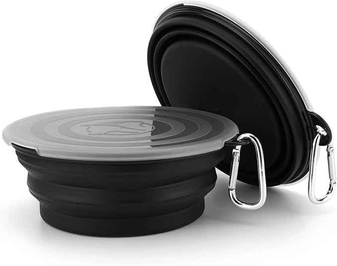 SLSON Dog Bowls Pet Collapsible Bowl with Cover Lids,2 Pack Dog Travel Bowls Portable Foldable Cat Water Dish Bowl for Pets Walking Parking Camping (Black and Black, Large)