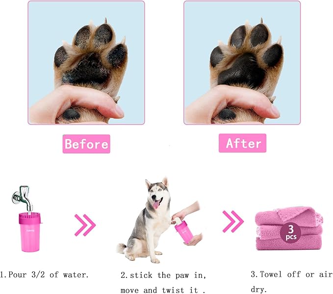 Dog Paw Cleaner for Meduim/Small Breed Dogs with 3Pcs Absorbent Towels & Graspable Dog Bath Brush (Pink, Medium)