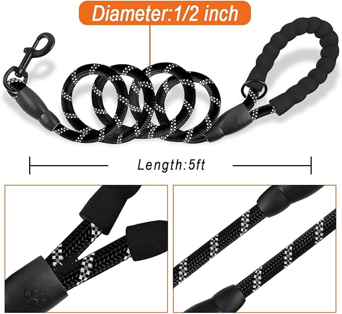 BARKBAY Dog Leashes for Large Dogs Heavy Duty Dog Leash 2 Pack 5 FT with Comfortable Padded Handle Highly Reflective Threads for Medium Large Dogs Walking Training Running (5FT-1/2,Black+Black)