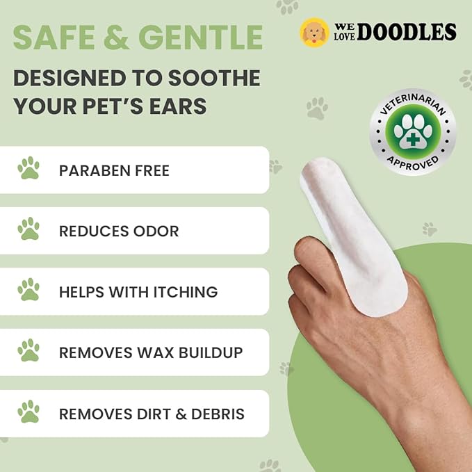 We Love Doodles Dog Ear Wipes - Pre Soaked Finger Ear Wipes for Dogs, Safe & Gentle Ear Cleaner for Dogs, Cleans & Deodorizes, Pet Wipes for Dogs, Dog Cleaning Wipes for Easy Grooming (50 Pieces)