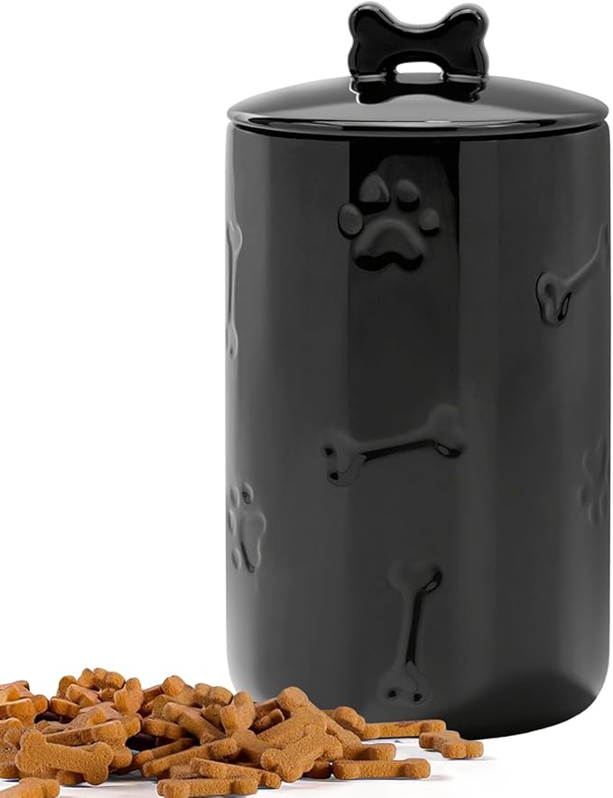 Dog Treat Container Airtight - 9"x5" Black Large Ceramic Dog Treat Jar for Kitchen Counter, Dog Cookie Jar with Lid - Farmhouse Style Dog Food Storage Container for Dogs, Cats, Pets