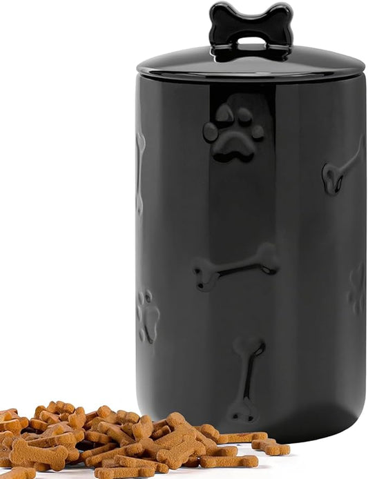 Dog Treat Container Airtight - 9"x5" Black Large Ceramic Dog Treat Jar for Kitchen Counter, Dog Cookie Jar with Lid - Farmhouse Style Dog Food Storage Container for Dogs, Cats, Pets