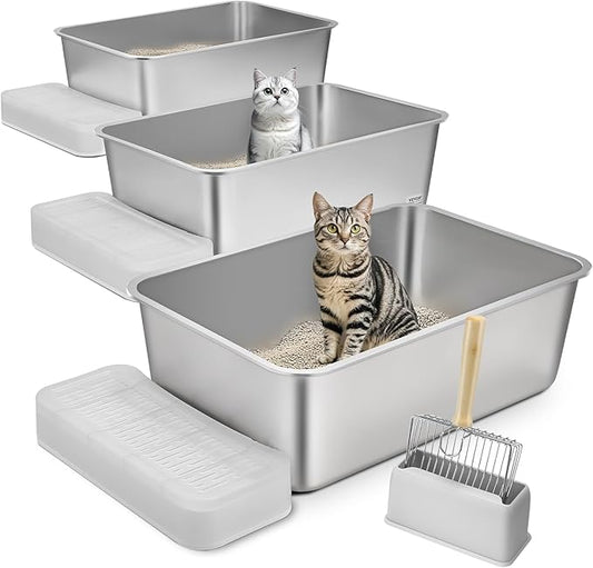 VEVOR 8'' Deep Stainless Steel Cat Litter Box,3 Pack XL Extra Large Metal Cat Litter Box for Big Cats,Non Sticky,Odor-Free &Easy-to-Clean,Include Filtering Foot Board & Scoop