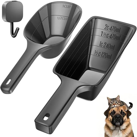 Food Scoop 2 PACK,2 Cup Capacity Dog Food Scoop With Measuring Lines For Dog, Puppy and Cat Coffee Bean Flour Scoop (Small & Large Black)