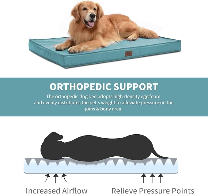 Outdoor Orthopedic Dog Bed, Waterproof Dog Bed for Large Dogs 36x27 Inch, Egg Crate Foam Pet Mat with Washable Removable Oxford Cooling Cover, Light Blue