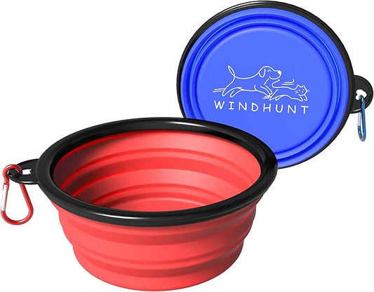2-Pack Collapsible Dog Bowls, Portable Travel Pet Bowl with Carabiner – Foldable Silicone Feeding Dish for Dogs and Cats On-The-Go (Red + Blue)