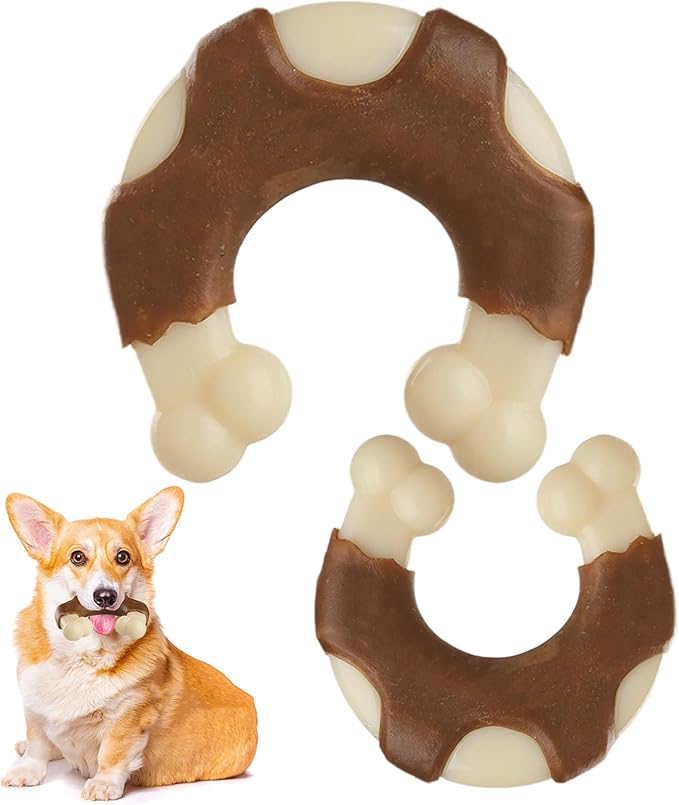 Durable Nylon Dog Bones, 2 Pack Dog Toys for Aggressive Chewers, Real Beef-Flavored U-Shaped Bones Chew Toys for Small/Medium/Large Dogs, Teething and Boredom Relief