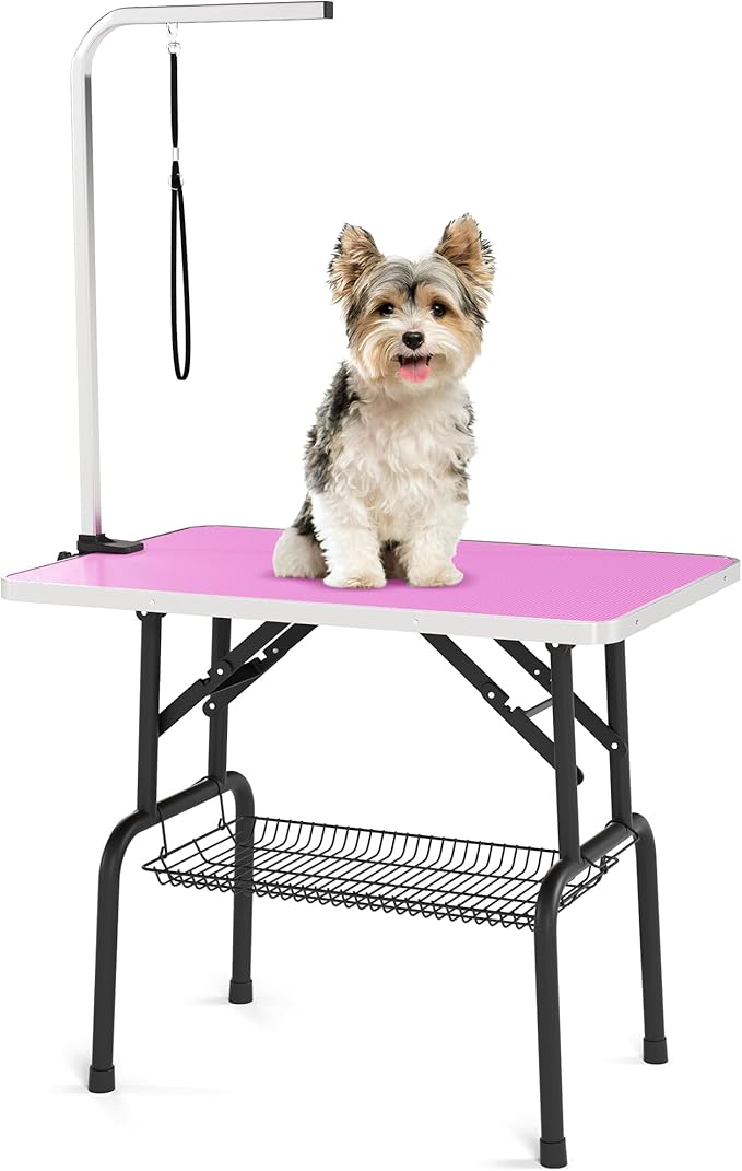 DWVO 36'' Dog Grooming Table, Foldable Pet Grooming Table with Adjustable Arm, Loop, and Mesh Tray, Non-Slip Portable Dog Bathing Station, Pink