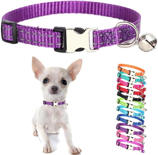 Purple Puppy Collar with Bell, Reflective Nylon XS Cat Collars Soft Adjustable Buckle for XSmall Small Puppy Female Tiny Pets Dogs Boy Girl Kitten Yorkie Chihuahua X-Small