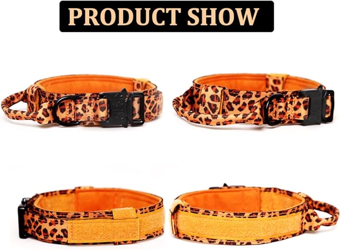 Tactical Dog Collar and Leash Set Tactical Dog Collar with Handle Bungee Leash Adjustable Military Training Nylon Collar Dog Training Collar Leash Set with Control Handleand Metal Buckle （Leopard XXL