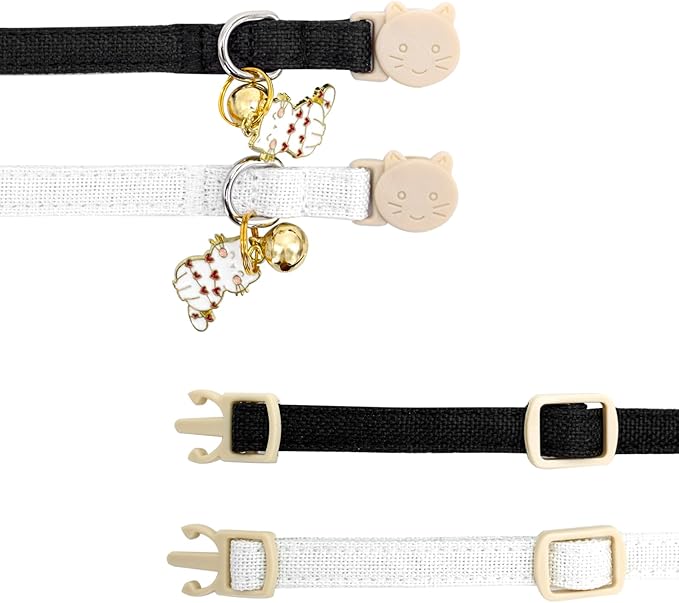 Elegant little tail 2 Pack Cat Collar- White Linnet Cat Collars Breakaway with Bell Pendant Wedding Kitten Boy Girl Safety Adjustable 7-12 Inch Collar for Small Cats Puppy