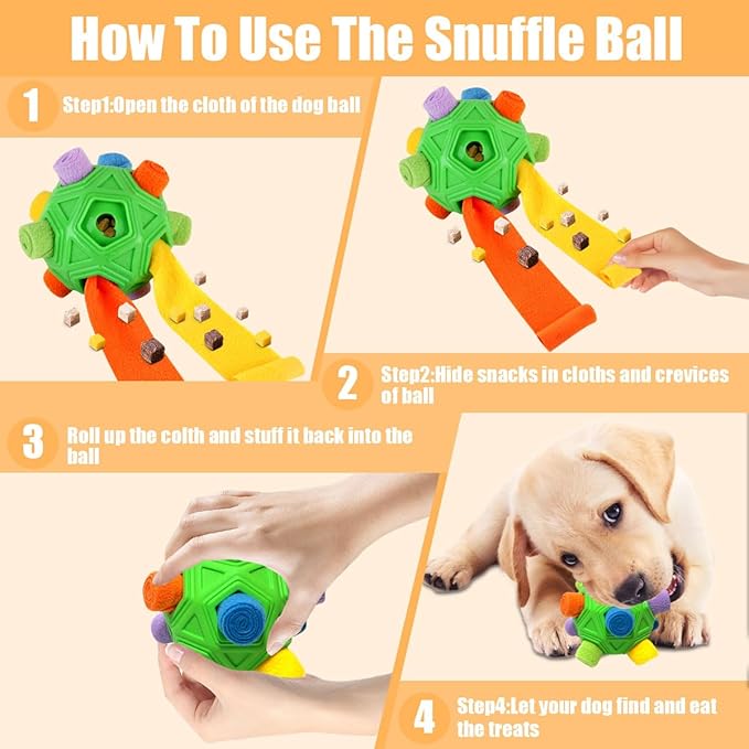 Dog Snuffle Ball-Interactive Puzzle Dog Toys Encourage Natural Foraging Skills Slow Feeder for Training and Stress Relief, Cloth Strip Hiding Food Chew Toys with Squeaky Carrot Toy for Any Size