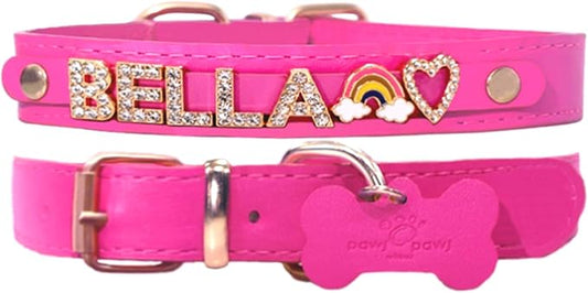 Paws Paws Miami Custom Dog Collar for Medium Dogs, Personalized with Name in Gold-Plated Cubic Zirconia Initials and Charm Jewels Leather Collars, Neon Pink