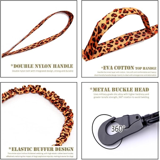 Tactical Dog Collar and Leash Set Tactical Dog Collar with Handle Bungee Leash Adjustable Military Training Nylon Collar Dog Training Collar Leash Set with Control Handleand Metal Buckle （Leopard XXL