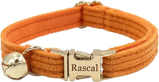 Cute Custom Cat Collar with Bells & Name Tag, Personalized Cat Collars for Girl & Boy Cats, Kitten Collar with Bell (Honey Orange-Striped)