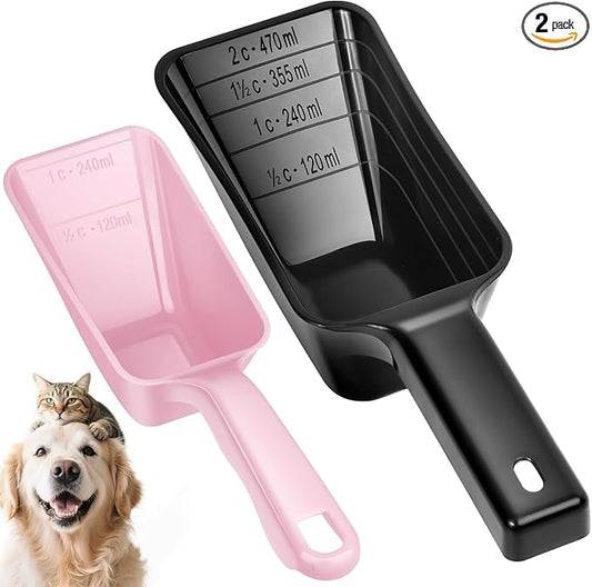 2 Pack Dog Food Scoop with 1 Cup and 2 Cup Capacity, Plastic Pet Food Measuring Scoops with Clear Measurement Lines for Dogs, Cats & More,Dishwasher safe (Pink and Black)