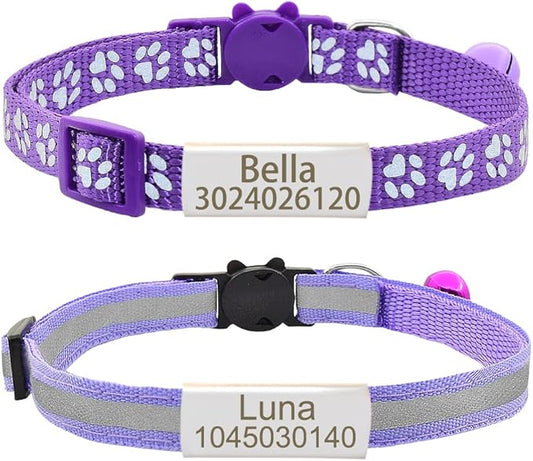 Personalized 2 Pack Reflective Cat Collar,Custom Breakaway Cat Collars with Name Tag and Bell,Anti-Lost Nameplate Cat Collar for Girls & Boys (Purple,fit 8''-11.0'')