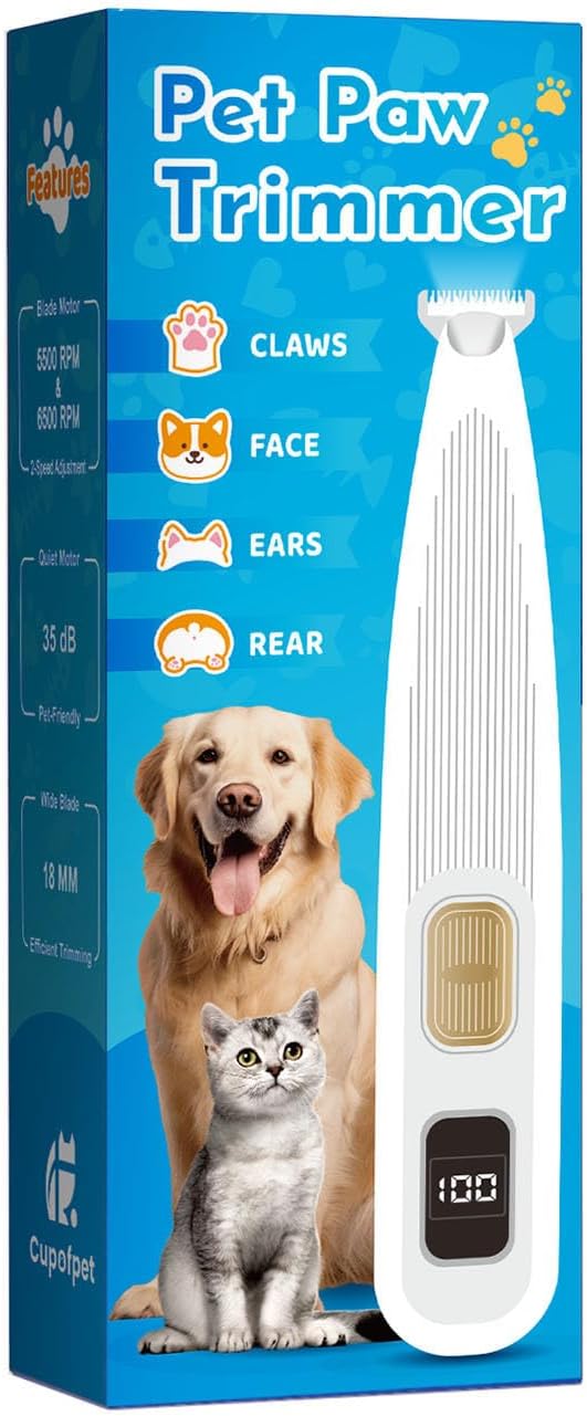 Professional Dog Paw Trimmer with LED Light, New Upgraded 35dB Low-Noise Pet Paw Trimmers for Dog's Feet, 2-Speed Electric Paw Cleaner Grooming Clippers for Dogs, Cats'Paws, Ears, Face (Milk White)