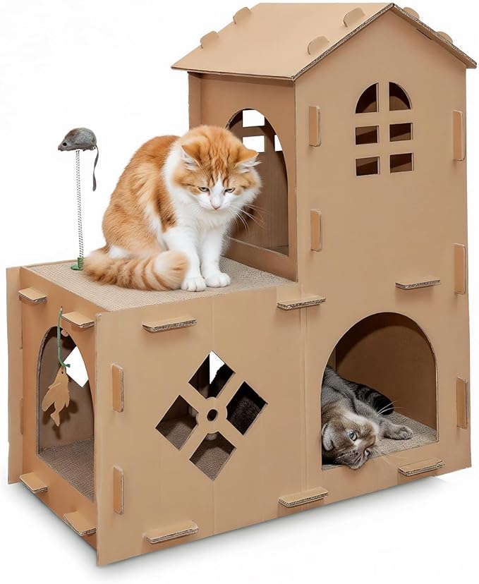 FurHaven Farmhouse Multi-Level Cardboard Cat House for Indoor Cats with Catnip & Toys, Double-Walled Corrugated Scratcher Designed for Lounging, Play & Comfort, One Size, Cardboard, Brown