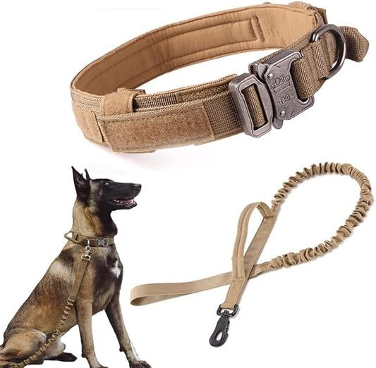 Tactical Dog Collar and Leash Set Tactical Dog Collar with Handle Bungee Leash Adjustable Military Training Nylon Collar Dog Training Collar Leash Set with Control Handleand Metal Buckle （Brown L
