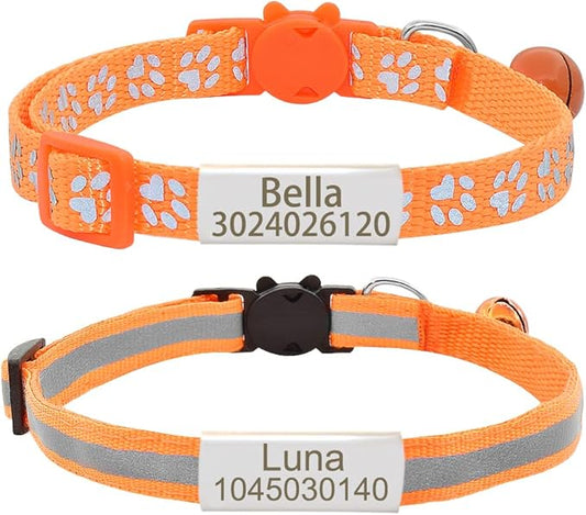 Personalized 2 Pack Reflective Cat Collar,Custom Breakaway Cat Collars with Name Tag and Bell,Anti-Lost Nameplate Cat Collar for Girls & Boys(Orange,fit 8''-11.0'')