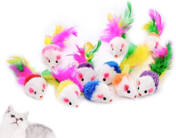 10 Pack Cat Mouse Toy With Fur, Feather, and Rattle Sounds - Interactive Catnip Mice for Chasing, Hunting, Exercising - Kitten Chewing and Teeth Cleaning Toys (Color Random)