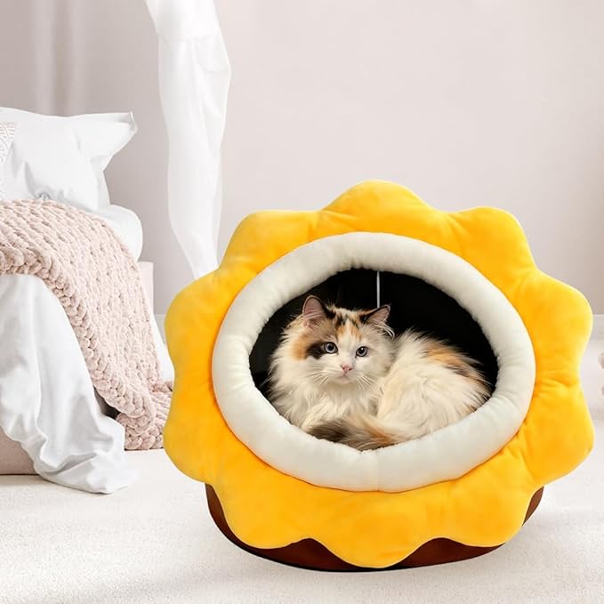 Cat Beds for Indoor Cats - Sun flower-shaped Cat Cave Bed with Hanging Toy,Super Soft Calming Pet Bed for Kitten&puppy,Small Dog,Warm Plush&Machine Washable&Removable Cotton Pad,cat Hideaway(Brown L)