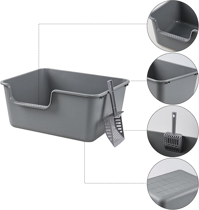 4-Pack Cat Litter Box with High Sides, Grey Open Top Litter Box