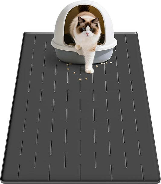 Pieviev Silicone Cat Litter Trapping Mat, 34''x22'' Large Cat Litter Mat, Easy to Clean & Soft on Kitty Paws, Waterproof Kitty Litter Pads for Indoor Cats, Black