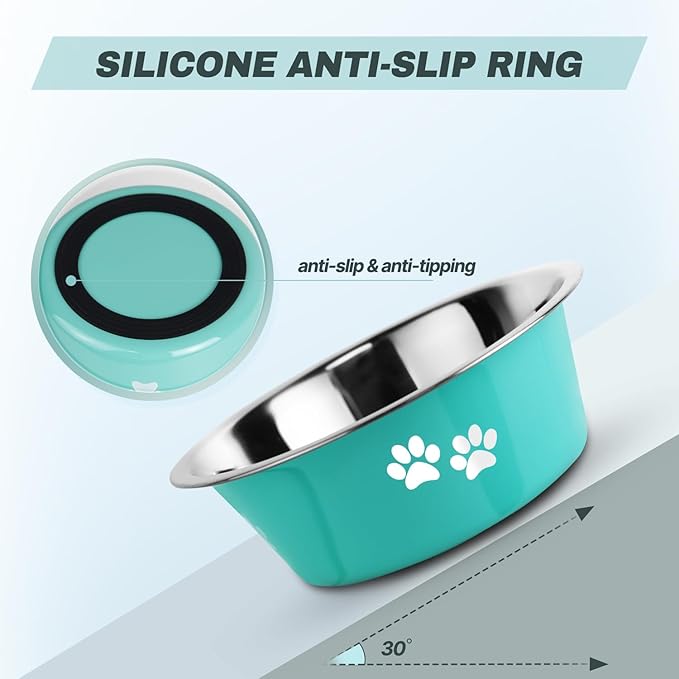 Stainless Steel Dog Bowls, Nonslip Rubber Bottom No Spill Proof Skid Metal Insulated Dog Bowls for Large Medium Small Breed Dogs (Green, 8.5 Cups/71 OZ)