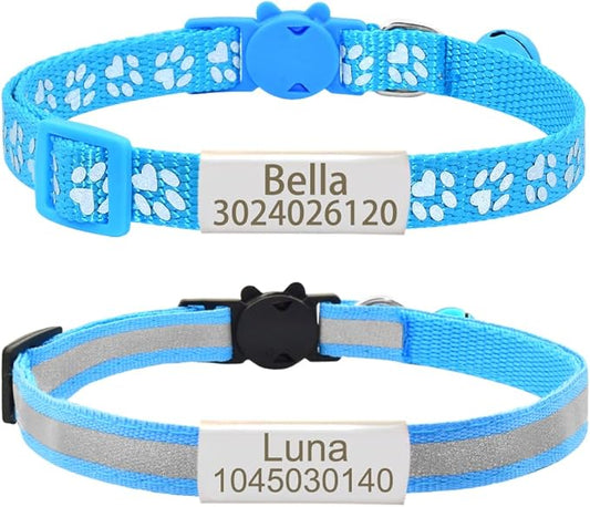 Personalized 2 Pack Reflective Cat Collar,Custom Breakaway Cat Collars with Name Tag and Bell,Anti-Lost Nameplate Cat Collar for Girls & Boys (Light Blue,fit 8''-11.0'')