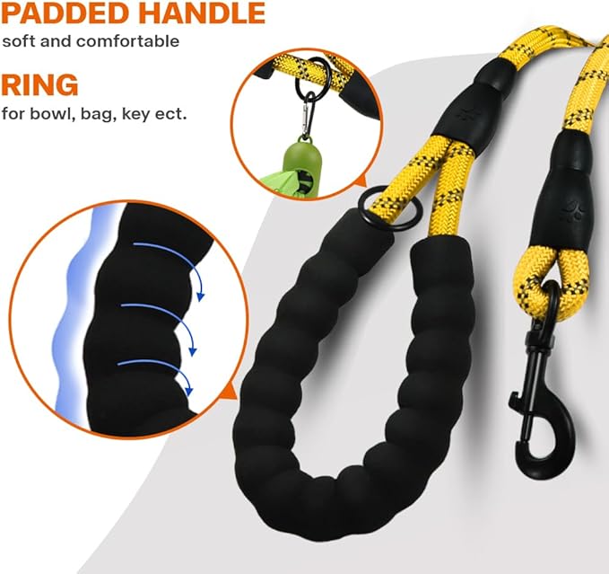 Taglory Rope Dog Leash 4 FT with Comfortable Padded Handle, Highly Reflective Threads Leash for Medium Large Dogs, 1/2 inch, Yellow