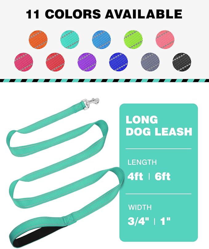 6FT Reflective Nylon Dog Leash with Soft Padded Handle for Walking, Running and Training, Supports Small Medium and Large Dogs (Turquoise, 3/4Inch Wide)