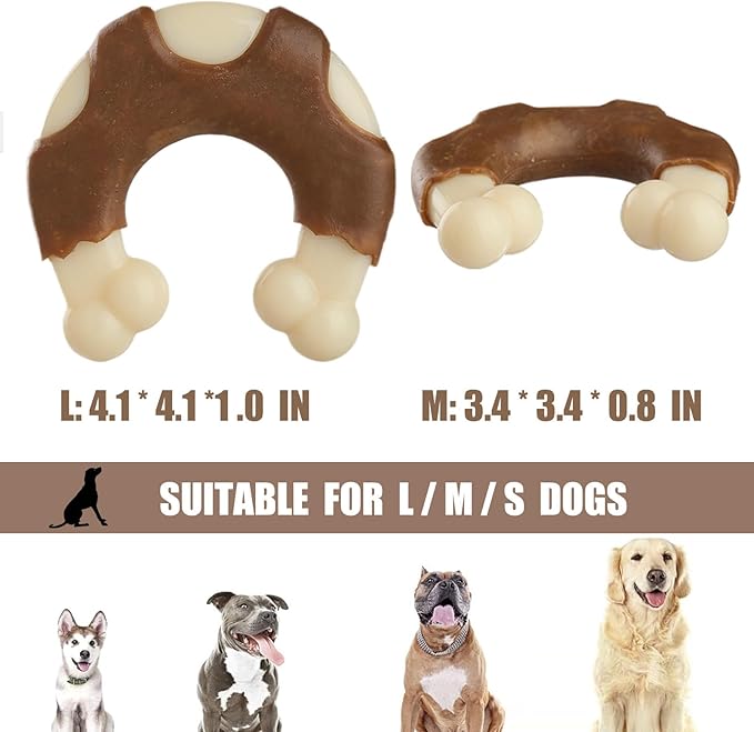 Durable Nylon Dog Bones, 2 Pack Dog Toys for Aggressive Chewers, Real Beef-Flavored U-Shaped Bones Chew Toys for Small/Medium/Large Dogs, Teething and Boredom Relief