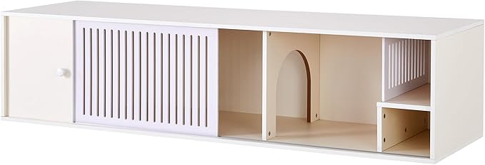 Cat Litter Box Enclosure with Removable Sliding Door, Modern TV Stand with Storage, Cream White