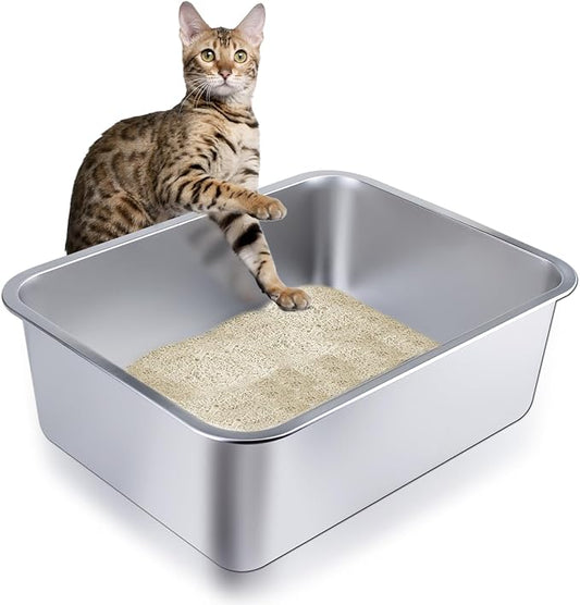 Stainless Steel Cat Litter Box - Large Metal High-Sided Litter Pan for Cats, Rabbits, and Pets, Non-Stick, Odor-Free, Easy to Clean, Splash-Proof, Sturdy and Durable Indoor Cat Toilet Supplies