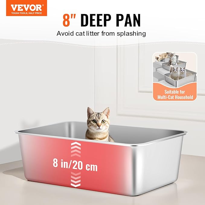 VEVOR 8'' Deep Stainless Steel Cat Litter Box,3 Pack XL Extra Large Metal Cat Litter Box for Big Cats,Non Sticky,Odor-Free &Easy-to-Clean,Include Filtering Foot Board & Scoop